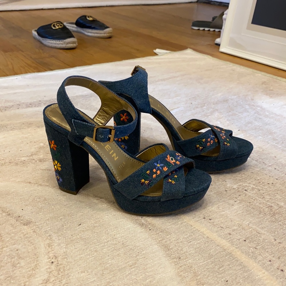 Floral embroidered denim platform sandals